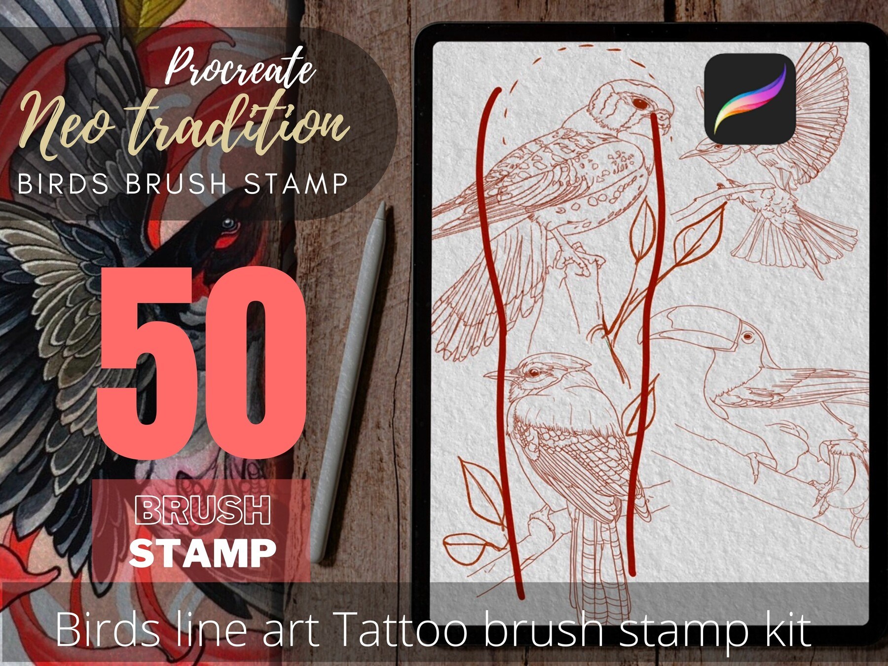 Picture of: Bird Procreate Tattoo brush stamp , Neo tradition tattoo brush stamp, bird  tattoo stencil, Procreate tattoo stencil, bird line art, coloring