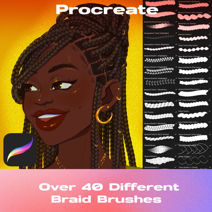 Picture of: Braid, Twist, & Locs Realistic and Outline Brushes – Procreate Brushes