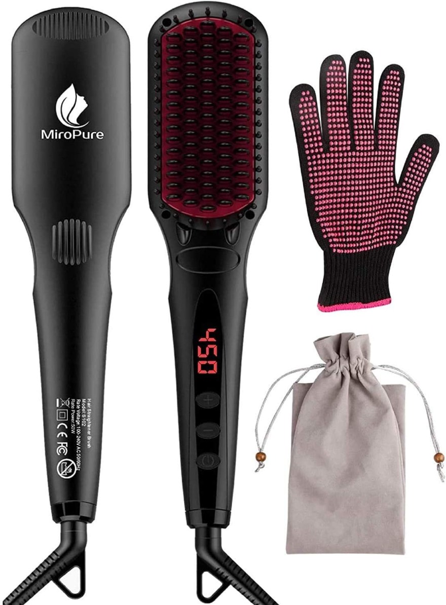 Picture of: MiroPure -in- Ionic Hair Straightener Brush with MCH Technology, Hair  Brush with Heat Resistant Gloves and Temperature Lock, 6 Temperature