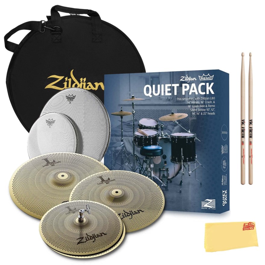 Picture of: Zildjian LVRH Special Edition L Low Volume Cymbal Pack with Remo  Silentstroke Heads Bundle with Cymbal Bag, Drumsticks, and Austin Bazaar